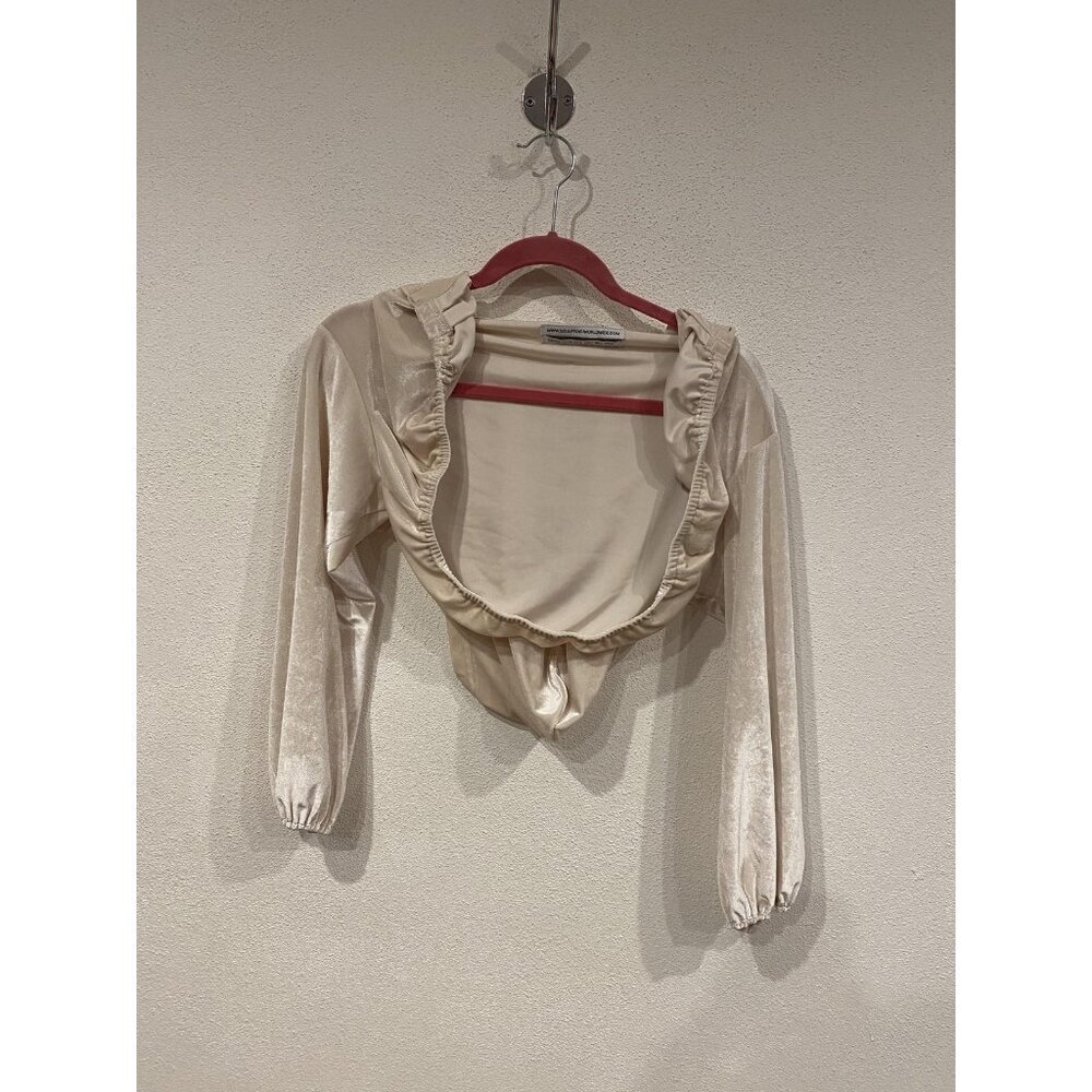 Sculptor Hooded Cardigan Womens Medium Beige Velvet Ruffle Long Sleeve Shirt